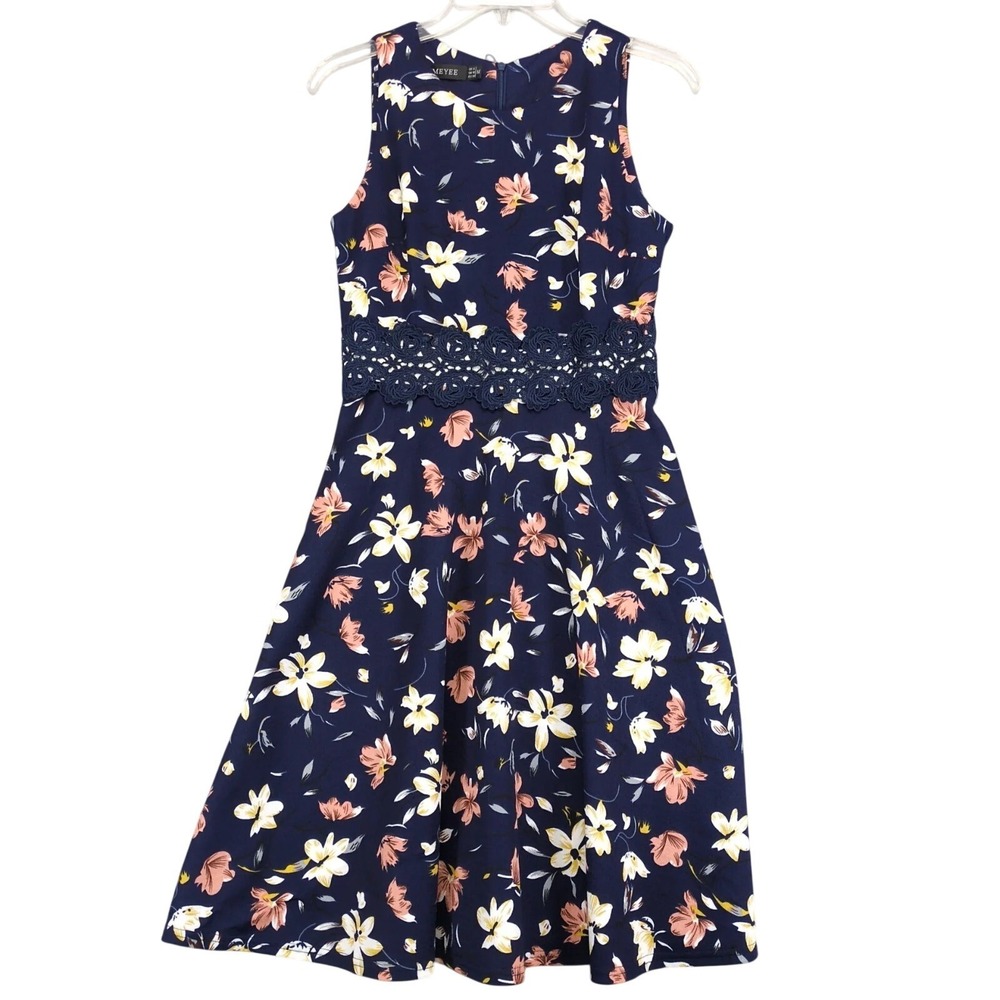 Homeyee Navy Floral Fit & Flare Knee Length Dress Sz M Crochet Lace Waist Panel - Picture 1 of 10